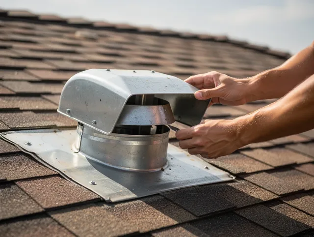 Cleveland Dryer Vent Cleaning certified technician safely cleaning a roof-mounted dryer vent in Cleveland
