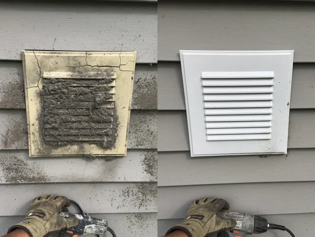 Cleveland Dryer Vent Cleaning technician installing high-quality dryer vent cover at a residential property in Cleveland