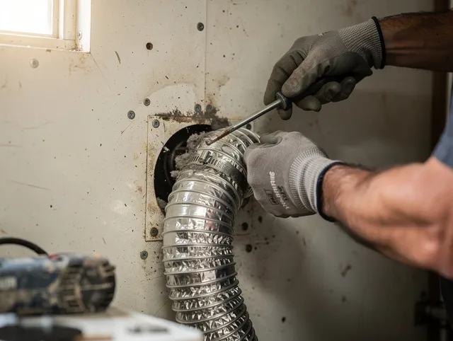 Cleveland Dryer Vent Cleaning technician performing precise dryer vent hose installation in Cleveland